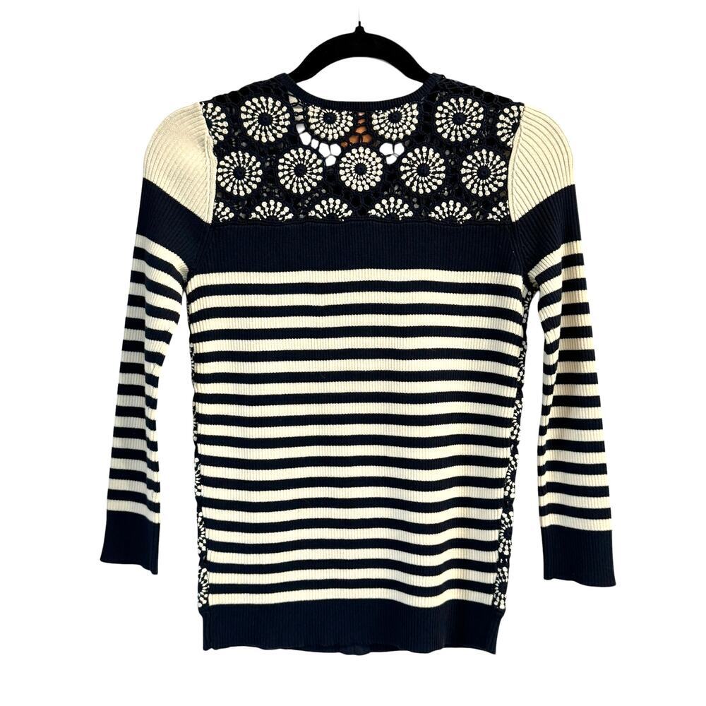 Tory Burch Elaine Cardigan NWT Small Navy Crochet Stripe Zip Sweater Size S - Picture 2 of 10